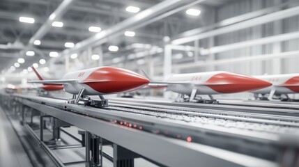 Poster - In a state-of-the-art manufacturing facility, sleek drones glide along an assembly line, showcasing advanced technology and precision engineering