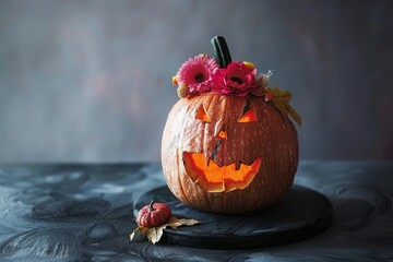 Illuminated halloween pumpkin against a dark backdrop creating a spooky atmosphere