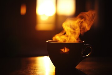 Poster - A Silhouette of a Steaming Cup Against a Sunset