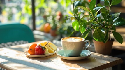 Wall Mural - Refreshing Morning Cafe Moment with Fruit and Greenery