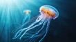 © arthit - Jellyfish moving gracefully in the ocean current, with the sea depth offering space for text.
