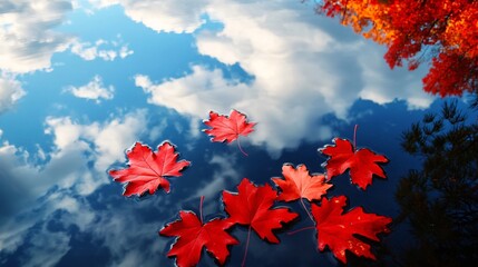 Sticker - Red maple leaves float on the surface of a still lake with a reflection of the sky and clouds.