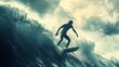 © arthit - Surfer riding a wave, standing tall as water splashes around. -