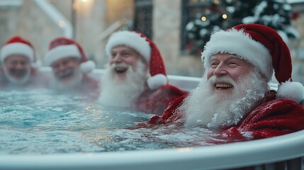 A group of four cheerful Santas, dressed in classic red outfits and Santa hats, enjoy a warm soak in a hot tub surrounded by snow.