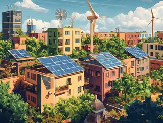 Stylized vibrant and optimistic depiction of community centered renewable energy projects including rooftop solar panels small scale wind turbines micro hydroelectric generators