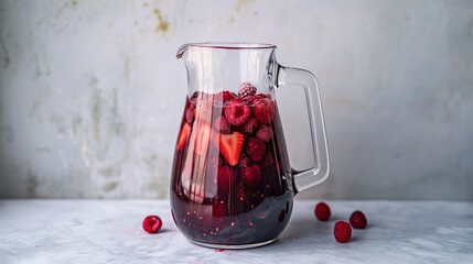 A clear pitcher of mixed berry juice with visible berries inside, set against a minimalist backdrop