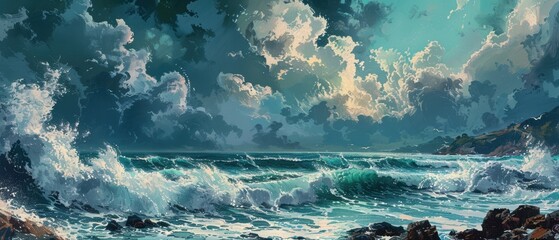 Wall Mural - Dramatic Waves Crashing on Rocky Shoreline