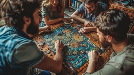 A group of people are playing a board game at home. Friends play a board game together while sitting at home