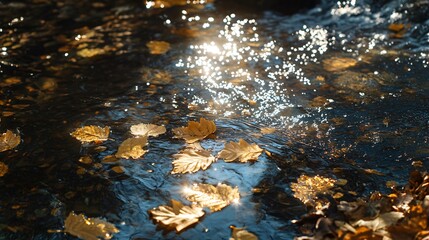 Wall Mural - Sun reflecting on a creek with autumn leaves floating on the surface.