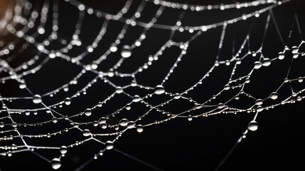 Dew-kissed cobweb glistening against a black background, showcasing nature's intricate beauty.