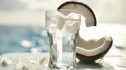 A glass of coconut water with a coconut slice on the rim, set against a bright, clean background