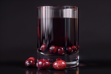 A glass of cranberry juice with a deep red color, a few whole cranberries at the bottom, and a subtle reflection on the glass surface.