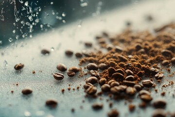 Wall Mural - Coffee Beans and Ground Coffee with Water Droplets