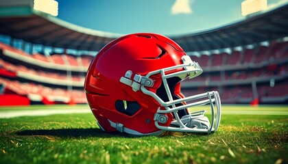 Vibrant red American football helmet set against an iconic football stadium backdrop