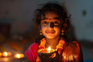 Indian child holding Diwali oil lamp