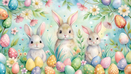 Hand-painted Easter bunnies with colorful eggs on watercolor background in soft pastel tones