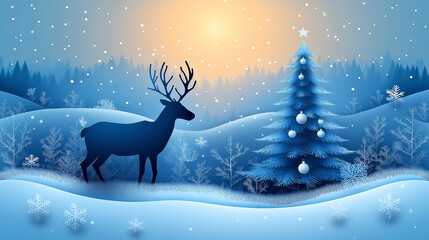 Majestic Winter Scene with Reindeer and Decorated Christmas Tree in Snow-Covered Forest at Sunset