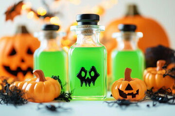 Bottles with glowing green potion liquid and Halloween decorations on a white background