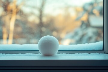 Sticker - A Perfect Snowball Resting on a Snowy Windowsill