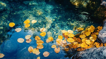 Wall Mural - Yellow Leaves in Clear Blue Water.