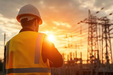 A man in a yellow vest and hard hat stands in front of a power plant