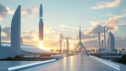 Fototapete - A stunning skyline reveals futuristic rockets launching against a vibrant sunset. Towering structures reflect innovative design, showcasing a blend of technology and nature in a thriving metropolis.