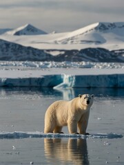 Wall Mural - Female polar bear and cub on ice in Svalbard.