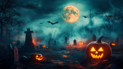 A dark foggy graveyard at night with carved pumpkins glowing faintly