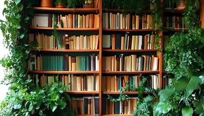 Wall Mural - Serene home library adorned with books and vibrant green plants, celebrating knowledge, growth, and the beauty of nature