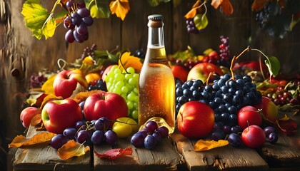 autumnal harvest celebration with sparkling cider and fresh fruits on a rustic wooden surface