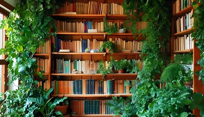 Wall Mural - Serene home library adorned with books and vibrant green plants, celebrating knowledge, growth, and the beauty of nature