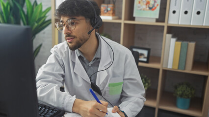 Sticker - A young man with a beard in a clinic office wearing a headset and lab coat while working at a computer