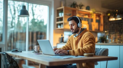 Aufkleber - A young man is engaged in work on his laptop, wearing headphones, seated at a wooden table in a bright kitchen. Natural light fills the room, showcasing a warm and inviting atmosphere.