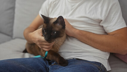 Poster - A man in casual clothing gently holding a siamese cat while sitting on a gray sofa indoors