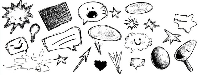 Collection of hand drawn design elements. Black brush strokes set. Scribble doodle line shapes set.