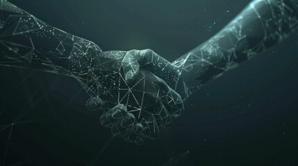 Digital representation of a handshake showing connection between two abstract hands made of data and polygons on a dark background