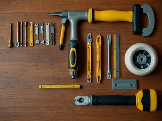 Home improvement tools on a table.