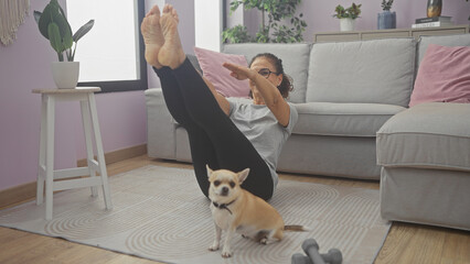 Sticker - A middle-aged woman exercises indoors with her chihuahua watching her in a cozy living room.