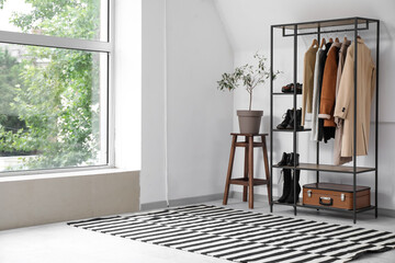 Wall Mural - Clothes rack with shoes and plant in dressing room