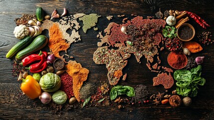 This concept illustration illustrates the diversity of global cuisine based on food ingredients and vegetables