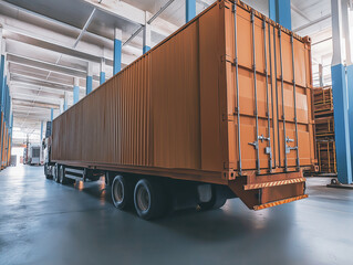 Metal shipping container on cargo truck platform