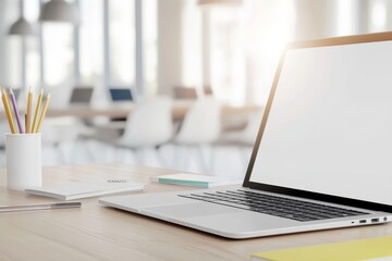 Living room mockup of a laptop computer with a blank screen.