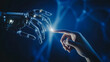 © Alina Tymofieieva - A human hand reaches out towards a robotic hand in a futuristic display of interaction, showcasing the blend of technology and humanity