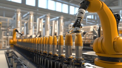 Leinwandbilder - Advanced robotic technology operates efficiently in a well-lit manufacturing facility, assembling precision components on a streamlined production line, showcasing modern automation in action.