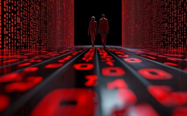 A futuristic city at night is filled with red binary code that rains down on two hackers