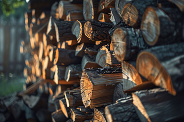 Wall Mural - Neatly Stacked Firewood Logs in the Sunlight