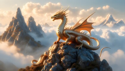 Wall Mural - Majestic Golden Dragon Perched on Misty Mountaintop as Guardian of Treasures in Glorious Golden Hour