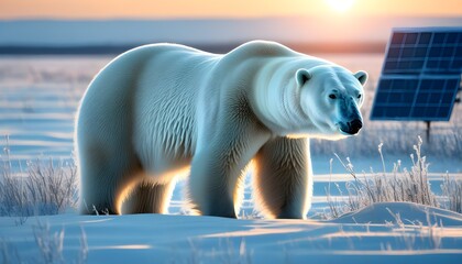 Wall Mural - Arctic Sentinel: Solar Solutions and Polar Bear Conservation Amidst Glaciers at Sunset