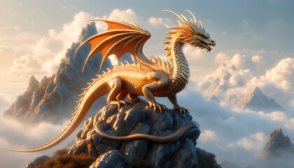 Wall Mural - Majestic Golden Dragon Perched on Misty Mountaintop as Guardian of Treasures in Glorious Golden Hour