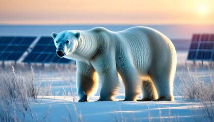 Wall Mural - Arctic Sentinel: Solar Solutions and Polar Bear Conservation Amidst Glaciers at Sunset